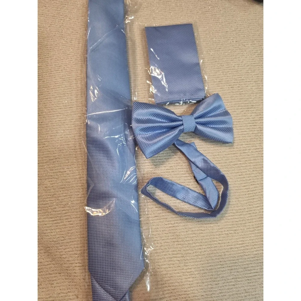 Mens Light Blue Necktie Bow Tie and Pocket Square Set Textured Formal 3-Piece